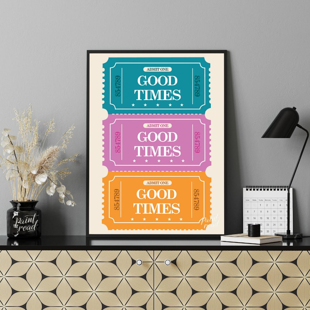 This playful graphic features a stack of three vibrantly colored “ADMIT ONE” tickets, each inviting… for office