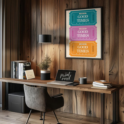 This playful graphic features a stack of three vibrantly colored “ADMIT ONE” tickets, each inviting… for office