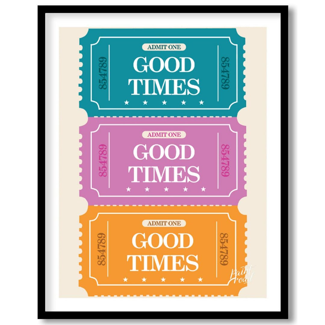 This playful graphic features a stack of three vibrantly colored “ADMIT ONE” tickets, each inviting… for room