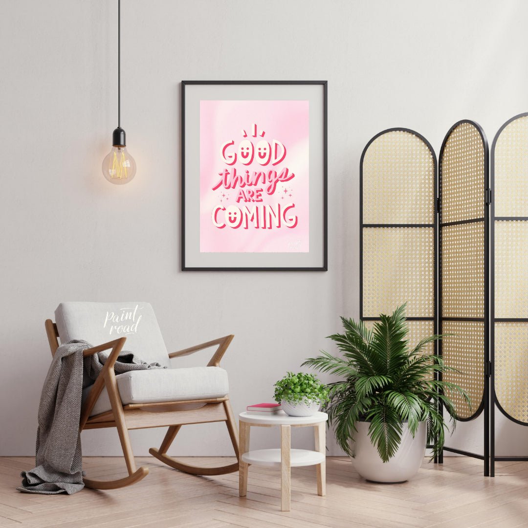 "Good Vibes Coming" features a cheerful typographic design with the phrase "GOOD THINGS ARE COMING"… for living room