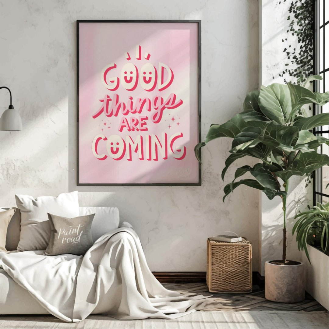 "Good Vibes Coming" features a cheerful typographic design with the phrase "GOOD THINGS ARE COMING"… for living room