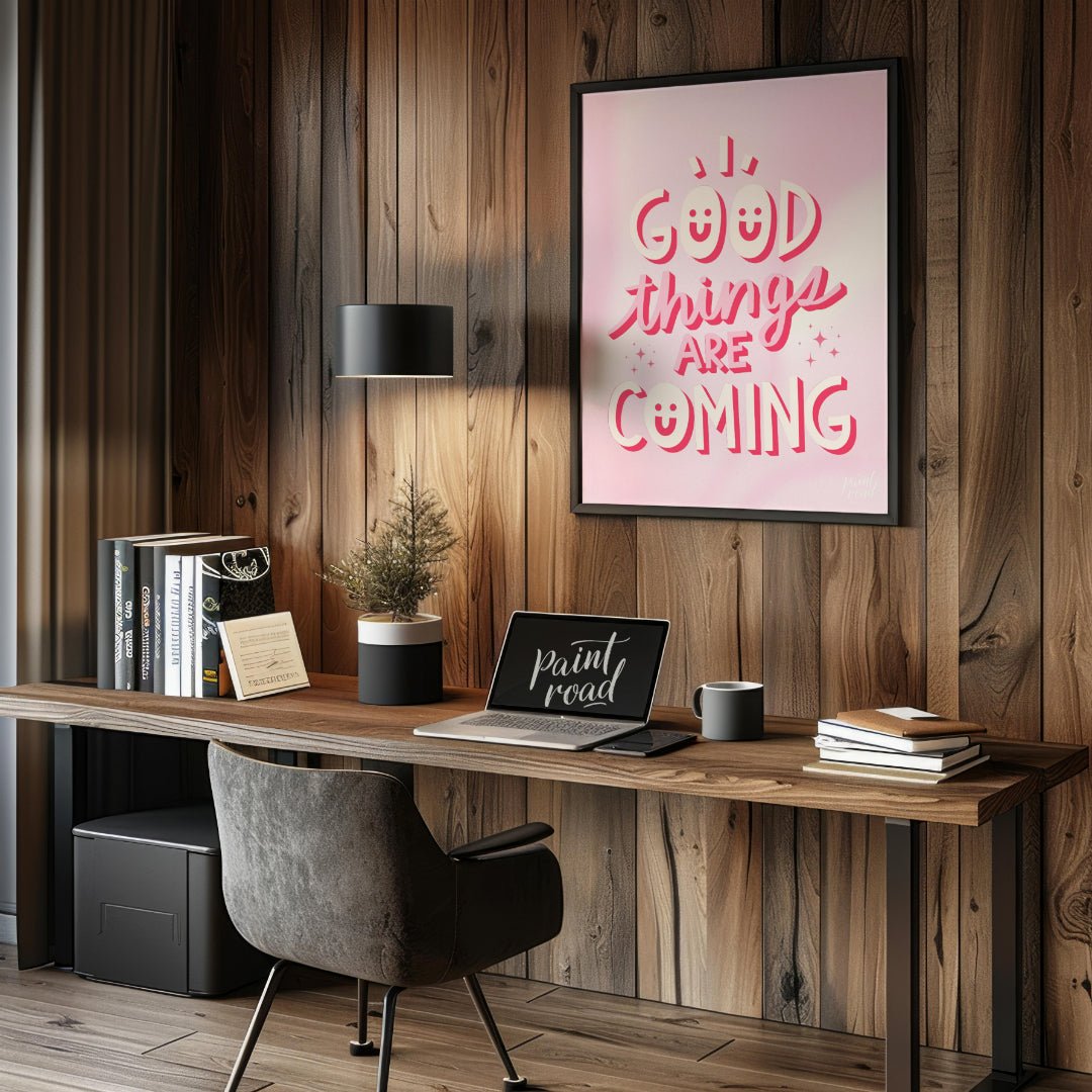 "Good Vibes Coming" features a cheerful typographic design with the phrase "GOOD THINGS ARE COMING"… for office