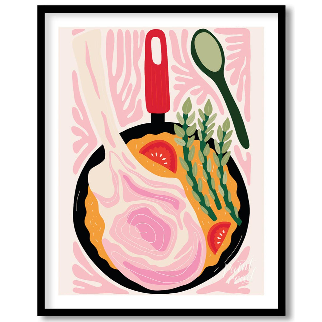This vibrant and stylized illustration depicts a hearty meal cooking in a black skillet. A prominen… for area