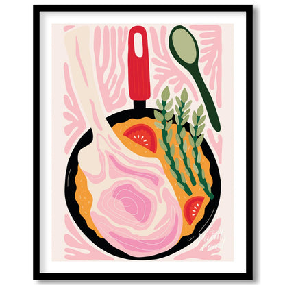 This vibrant and stylized illustration depicts a hearty meal cooking in a black skillet. A prominen… for area