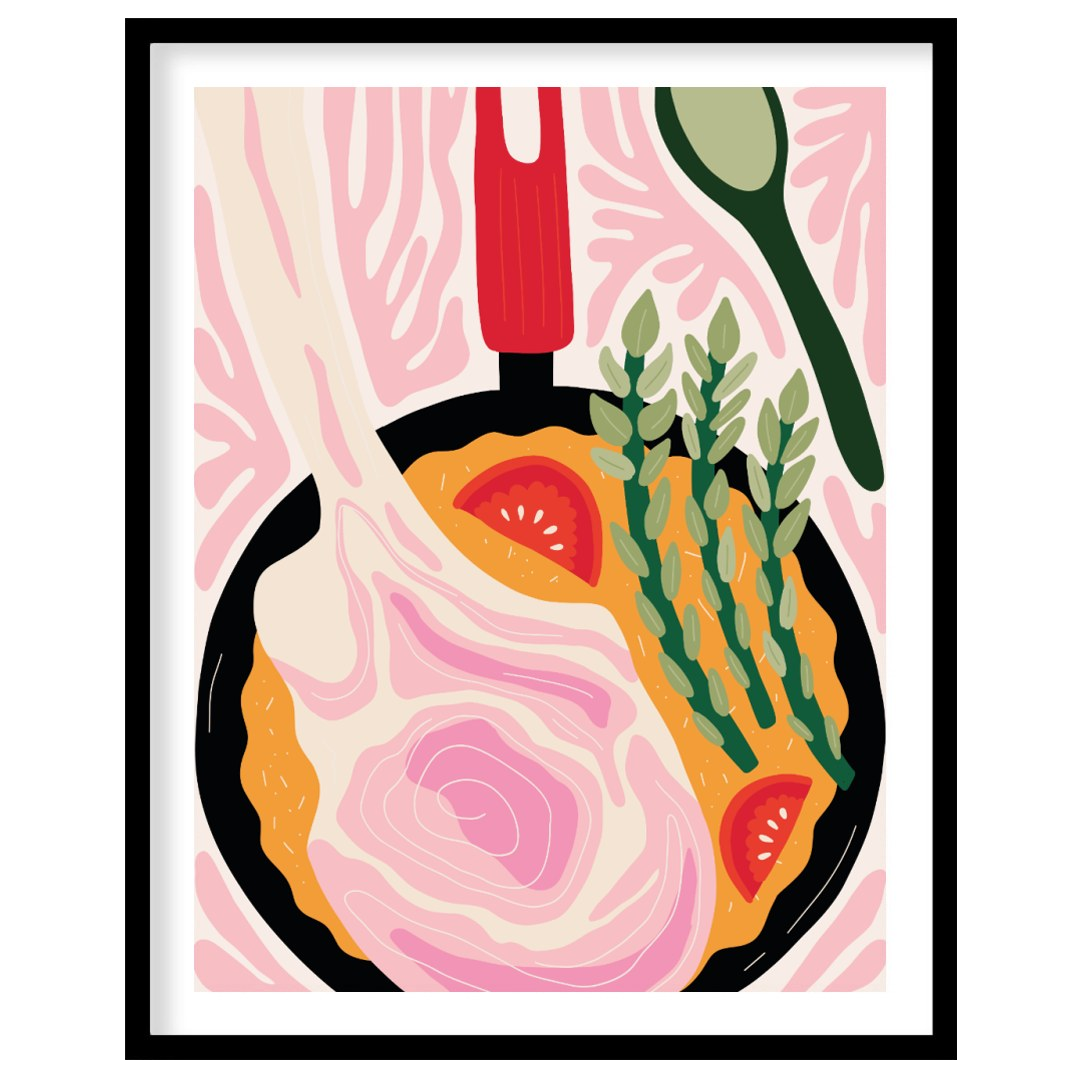 This vibrant and stylized illustration depicts a hearty meal cooking in a black skillet. A prominen… for area