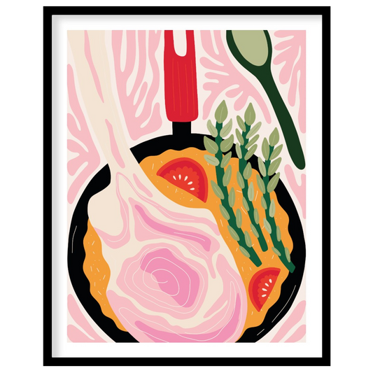 This vibrant and stylized illustration depicts a hearty meal cooking in a black skillet. A prominen… for area