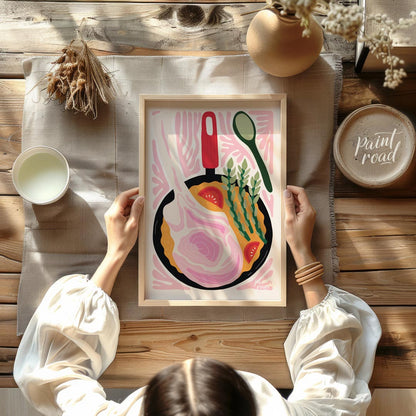 This vibrant and stylized illustration depicts a hearty meal cooking in a black skillet. A prominen… for dining room