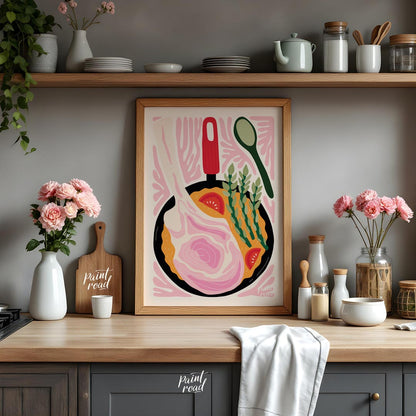 This vibrant and stylized illustration depicts a hearty meal cooking in a black skillet. A prominen… for kitchen