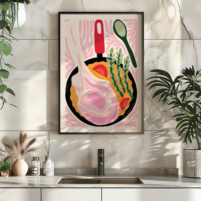 This vibrant and stylized illustration depicts a hearty meal cooking in a black skillet. A prominen… for kitchen