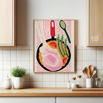This vibrant and stylized illustration depicts a hearty meal cooking in a black skillet. A prominen… for kitchen