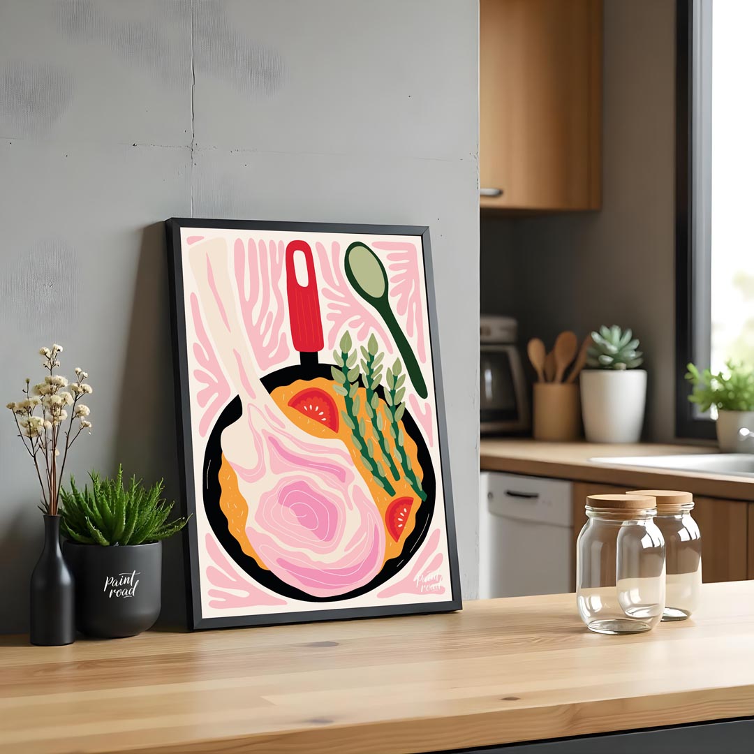 This vibrant and stylized illustration depicts a hearty meal cooking in a black skillet. A prominen… for kitchen