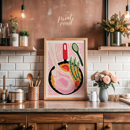 This vibrant and stylized illustration depicts a hearty meal cooking in a black skillet. A prominen… for kitchen