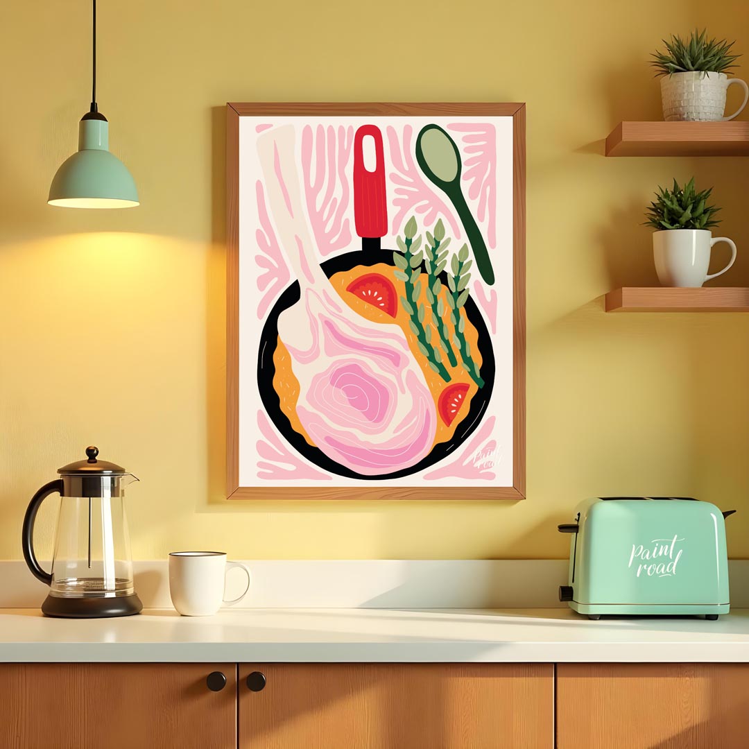 This vibrant and stylized illustration depicts a hearty meal cooking in a black skillet. A prominen… for kitchen