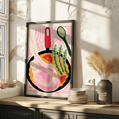 This vibrant and stylized illustration depicts a hearty meal cooking in a black skillet. A prominen… for kitchen