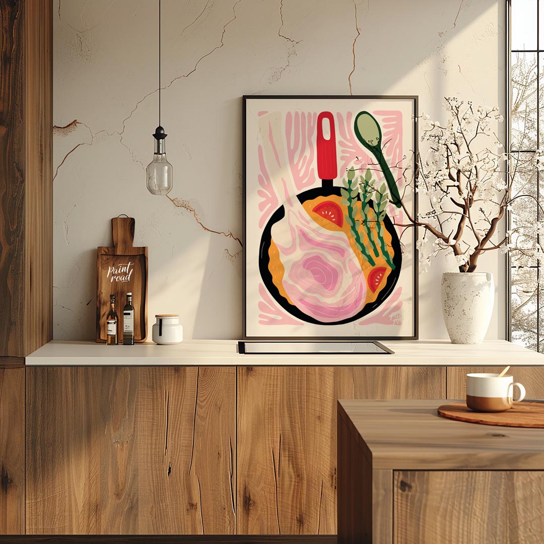 This vibrant illustration captures the essence of a delicious, home-cooked meal prepared in a skill… for kitchen