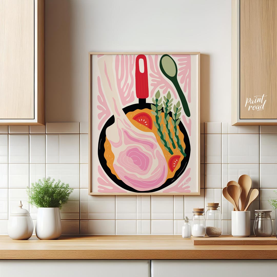 This vibrant illustration captures the essence of a delicious, home-cooked meal prepared in a skill… for kitchen