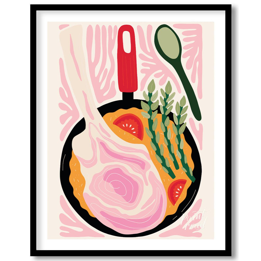 This vibrant illustration captures the essence of a delicious, home-cooked meal prepared in a skill… for place