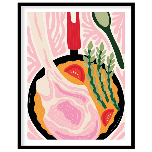 This vibrant illustration captures the essence of a delicious, home-cooked meal prepared in a skill… for place