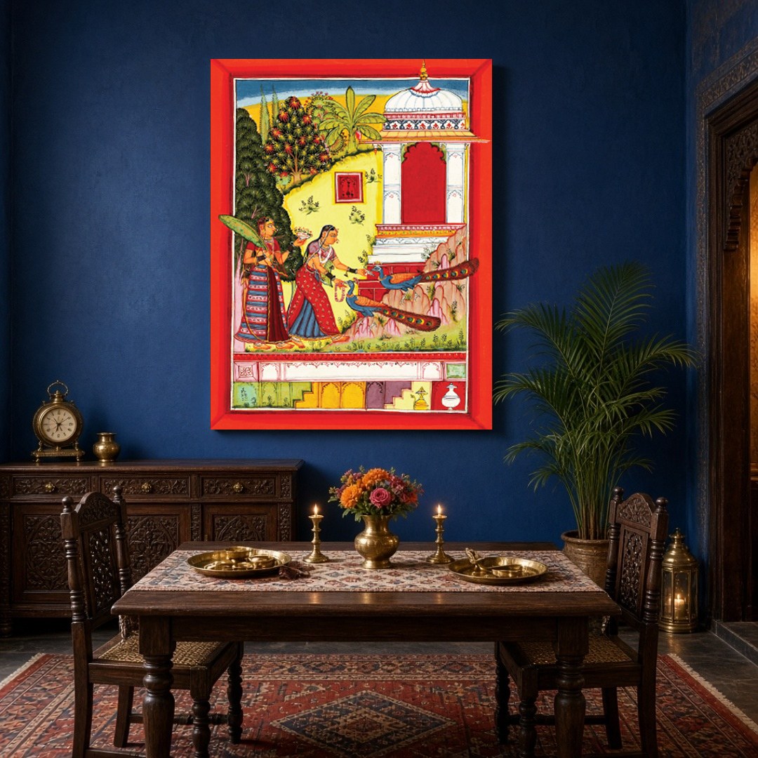 This vibrant artwork captures the elegance of two Mughal-era women alongside majestic peacocks in a for Dining