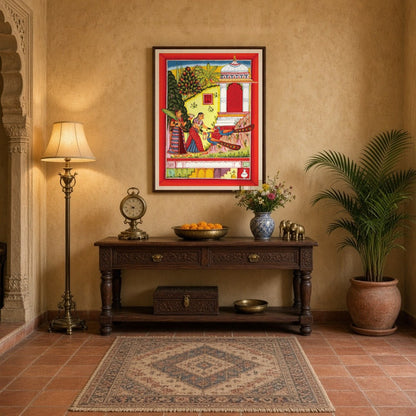 This vibrant artwork captures the elegance of two Mughal-era women alongside majestic peacocks in a for Entrance