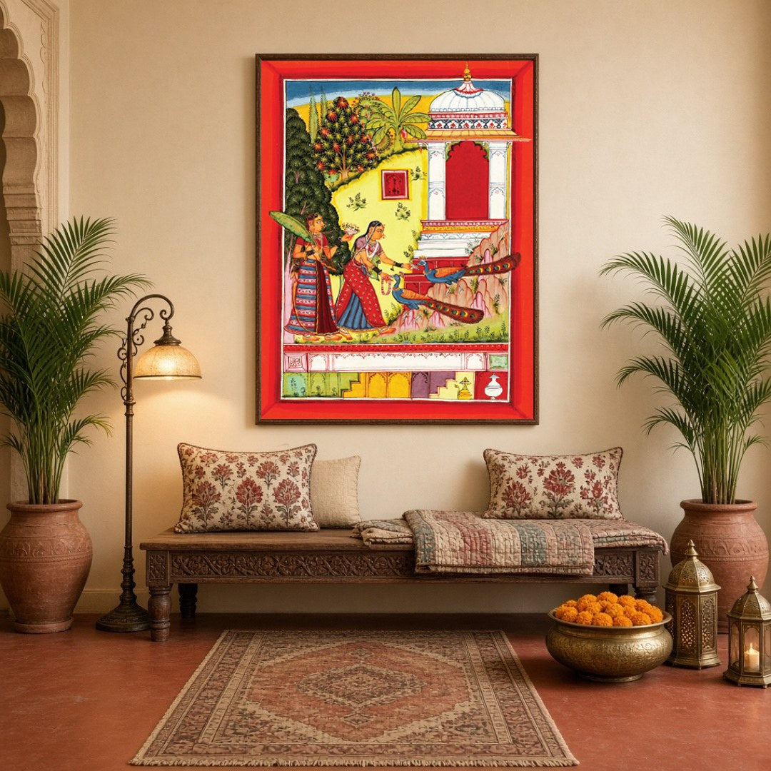 This vibrant artwork captures the elegance of two Mughal-era women alongside majestic peacocks in a for Hallway