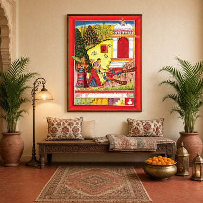 This vibrant artwork captures the elegance of two Mughal-era women alongside majestic peacocks in a for Hallway