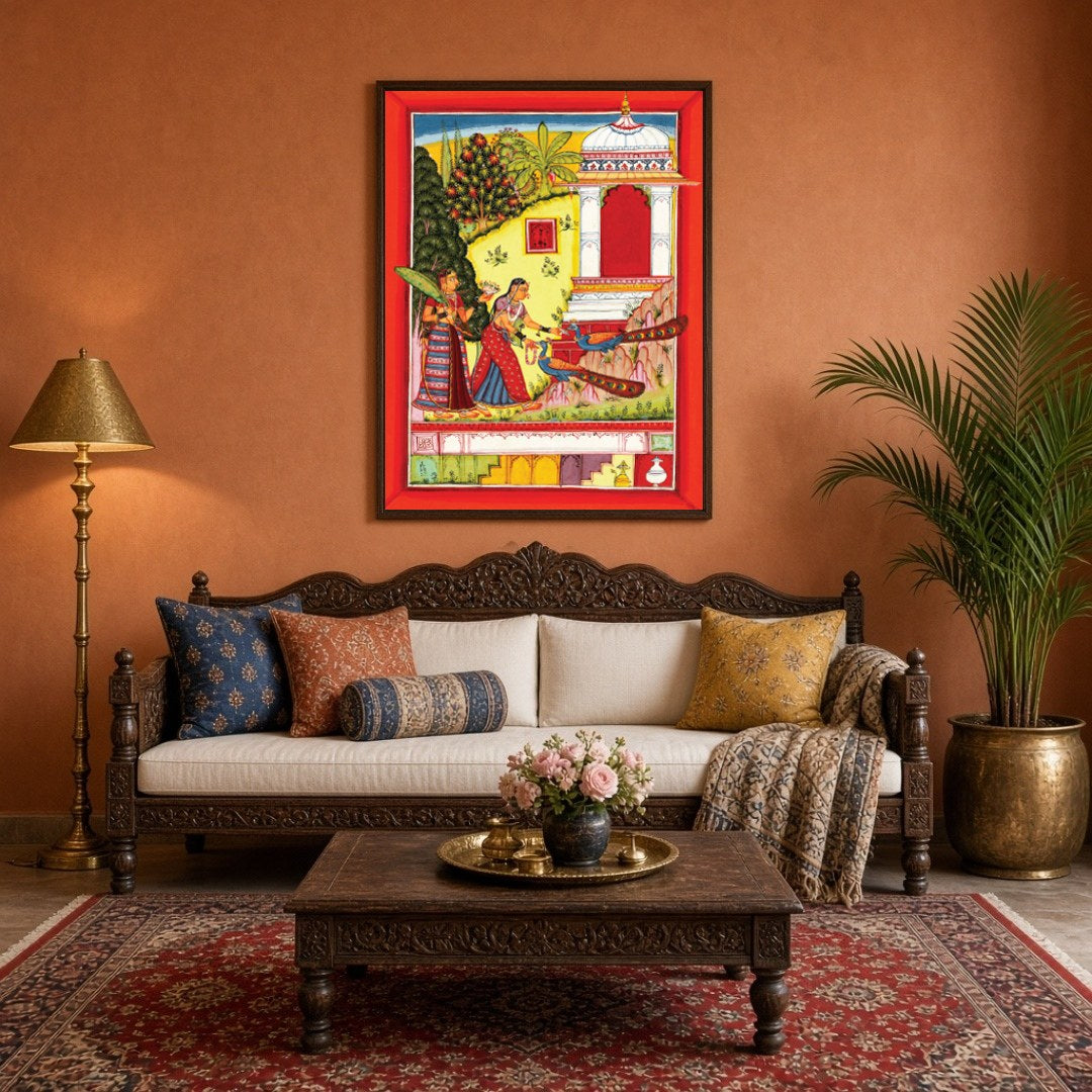 This vibrant artwork captures the elegance of two Mughal-era women alongside majestic peacocks in a for Living Room