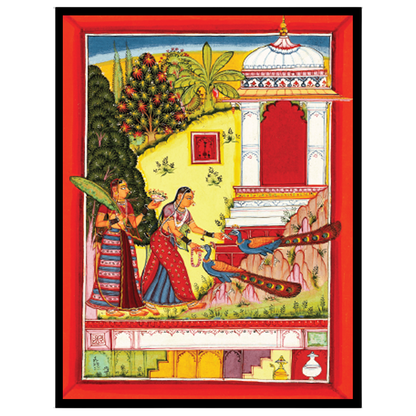 This vibrant artwork captures the elegance of two Mughal-era women alongside majestic peacocks in a for lovely-house