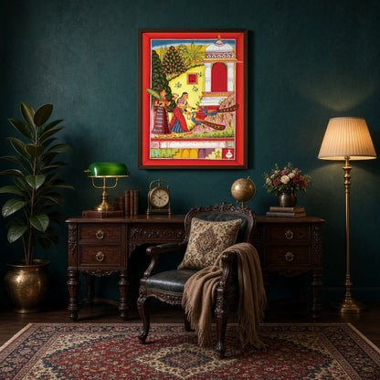 This vibrant artwork captures the elegance of two Mughal-era women alongside majestic peacocks in a for Study