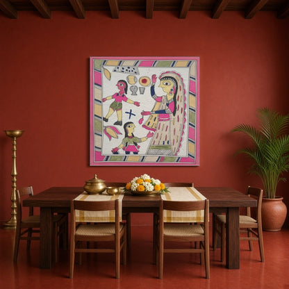 Celebrate the beautiful connection between a mother and her children with this stunning Madhubani for Dining