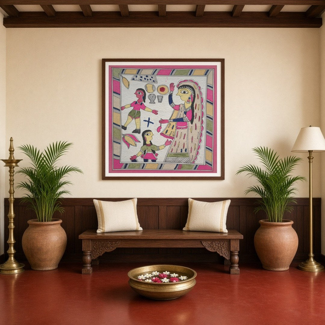 Celebrate the beautiful connection between a mother and her children with this stunning Madhubani for Entrance