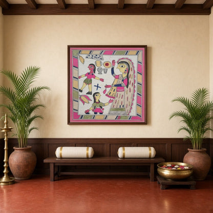Celebrate the beautiful connection between a mother and her children with this stunning Madhubani for Hallway