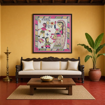 Celebrate the beautiful connection between a mother and her children with this stunning Madhubani for Living Room