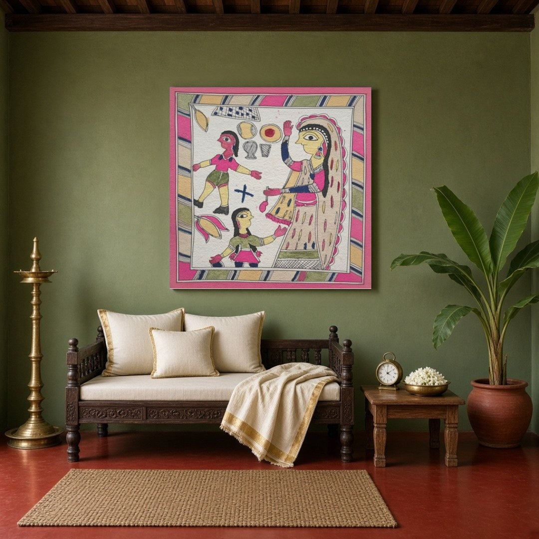 Celebrate the beautiful connection between a mother and her children with this stunning Madhubani for Sitting Area