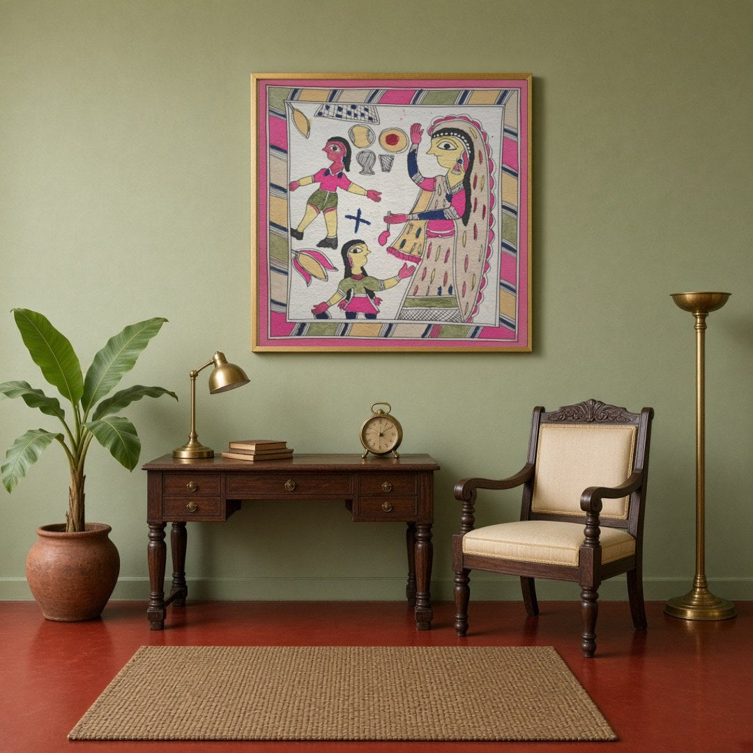 Celebrate the beautiful connection between a mother and her children with this stunning Madhubani for Study