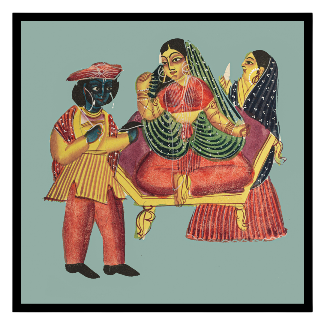 This enchanting Kalighat artwork captures the timeless elegance and intricate detailing of Bengal's for area