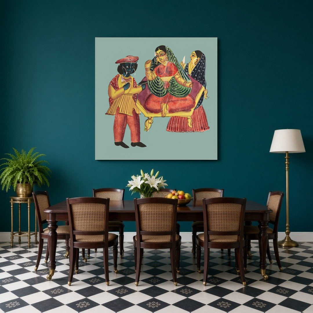This enchanting Kalighat artwork captures the timeless elegance and intricate detailing of Bengal's for Dining