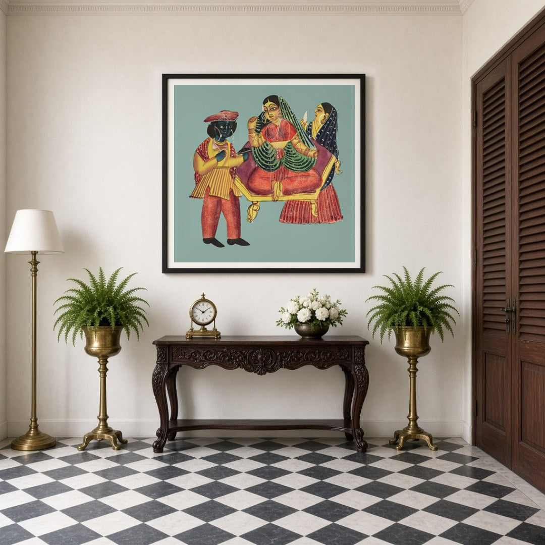 This enchanting Kalighat artwork captures the timeless elegance and intricate detailing of Bengal's for Entrance