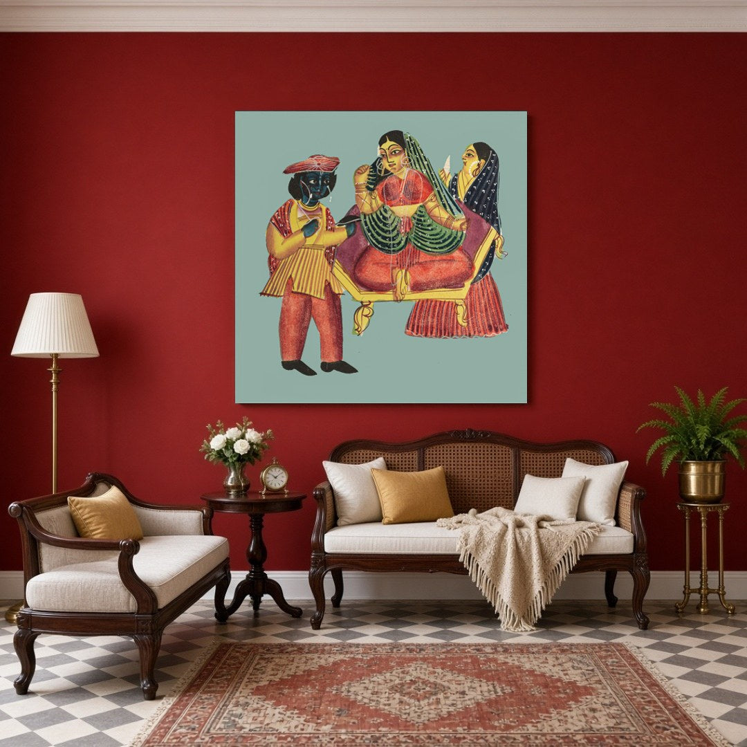 This enchanting Kalighat artwork captures the timeless elegance and intricate detailing of Bengal's for Sitting Area