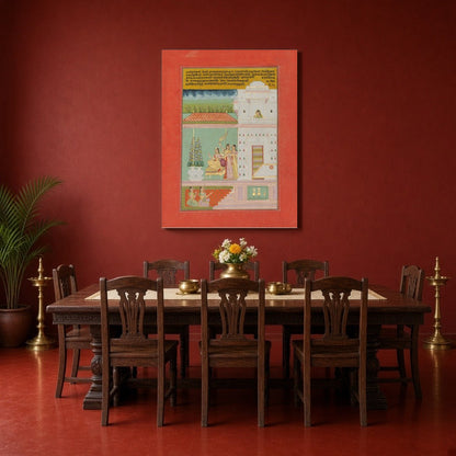 Experience the serene elegance of a noblewoman in a Mughal terrace scene. This exquisite Indian for Dining
