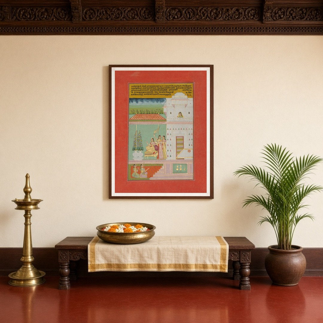Experience the serene elegance of a noblewoman in a Mughal terrace scene. This exquisite Indian for Entrance