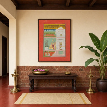 Experience the serene elegance of a noblewoman in a Mughal terrace scene. This exquisite Indian for Hallway