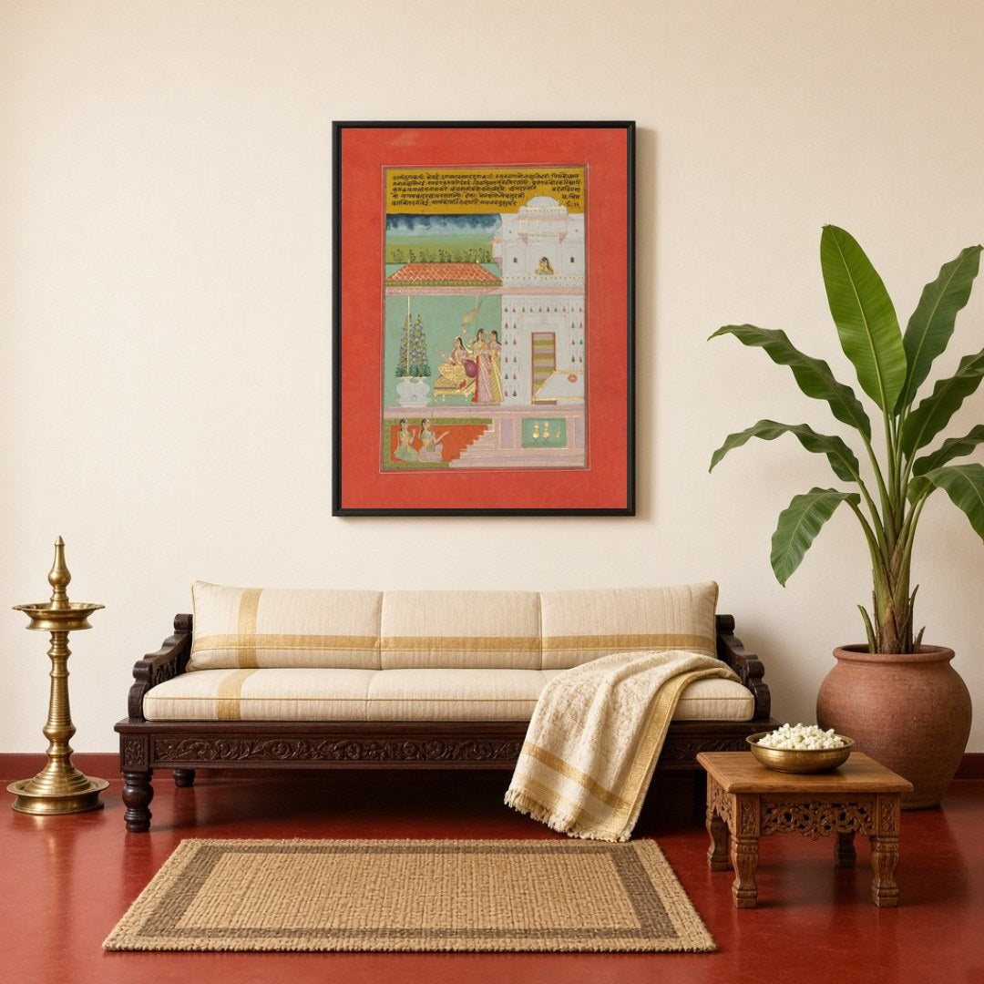 Experience the serene elegance of a noblewoman in a Mughal terrace scene. This exquisite Indian for Living Room