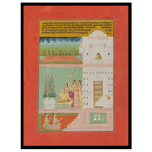 Experience the serene elegance of a noblewoman in a Mughal terrace scene. This exquisite Indian for loft