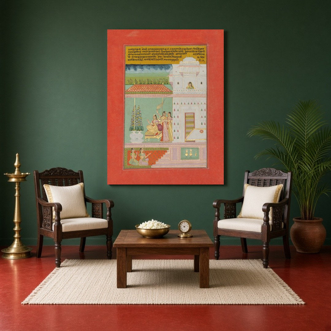 Experience the serene elegance of a noblewoman in a Mughal terrace scene. This exquisite Indian for Sitting Area