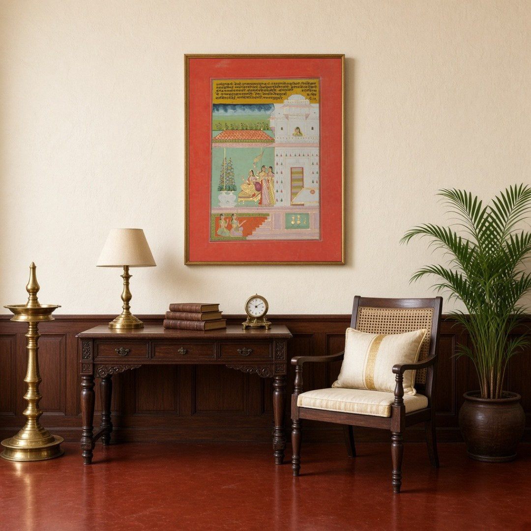 Experience the serene elegance of a noblewoman in a Mughal terrace scene. This exquisite Indian for Study