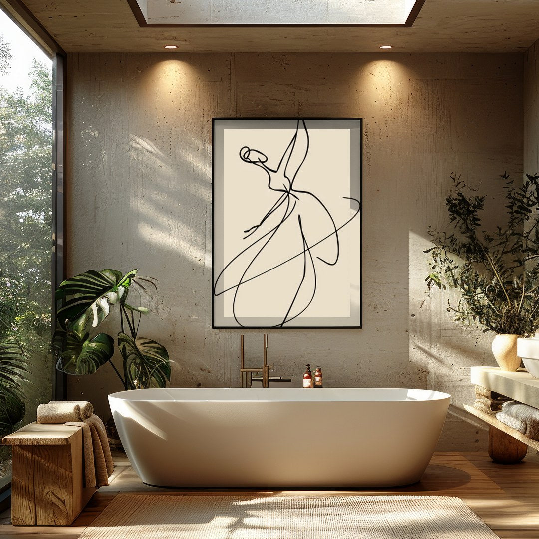 This exquisite line art captures the elegance of a ballet dancer in motion. With its minimalist for Bathroom