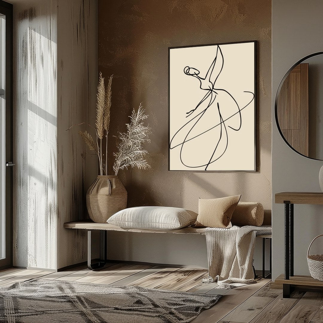 This exquisite line art captures the elegance of a ballet dancer in motion. With its minimalist for living-space