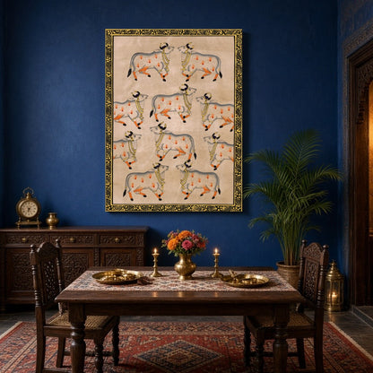 Celebrate the elegance and spiritual symbolism of Pichwai art with this exquisite depiction of nine for Dining