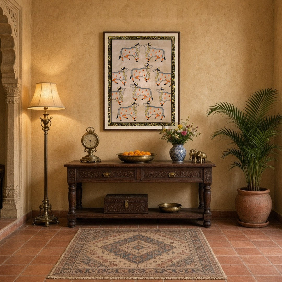 Celebrate the elegance and spiritual symbolism of Pichwai art with this exquisite depiction of nine for Entrance